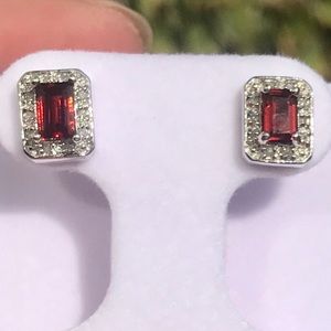 NATURAL EMERALD CUT GARNET AND GENUINE DIAMOND RHODIUM PLATED SS STUD EARRINGS